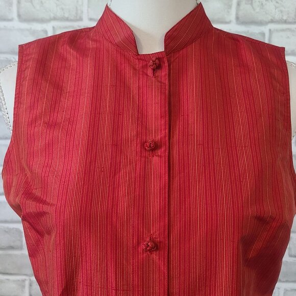 Amanda Smith Red Pure Silk Asian Button Down Striped Sleeveless Shirt Vest 8 - Picture 2 of 8